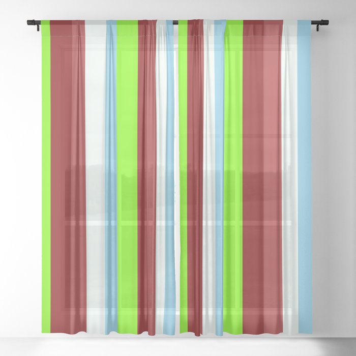 Colorful Brown, Mint Cream, Sky Blue, Green, and Maroon Colored Stripes/Lines Pattern Sheer Curtain