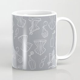 Corsets and Perfume Coffee Mug | Victorian, White, Perfume, Digital, Graphicdesign, Monochrome, Feminine, Lady, Women, Grey 