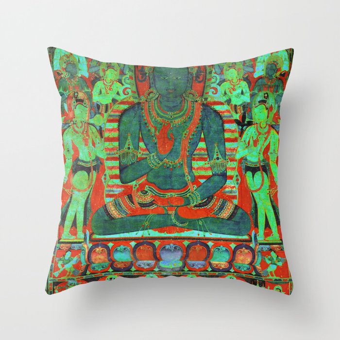 Psychedelic Buddha Lotus Thangka Green Throw Pillow