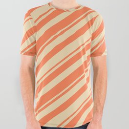 [ Thumbnail: Coral & Tan Colored Lines/Stripes Pattern All Over Graphic Tee ]