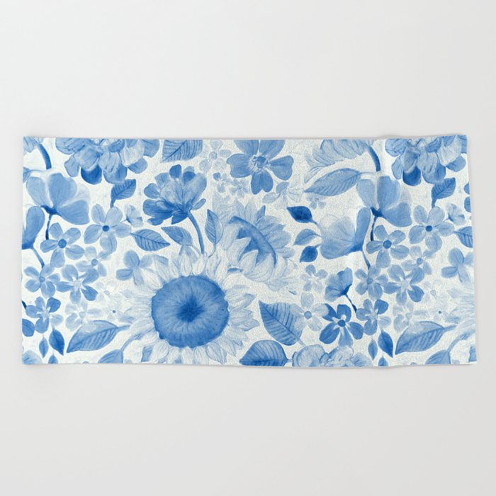 Denim Blue Monochrome Retro Floral Beach Towel
