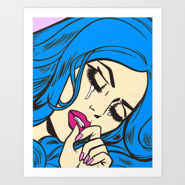 Blue Hair Crying Comic Girl Art Print