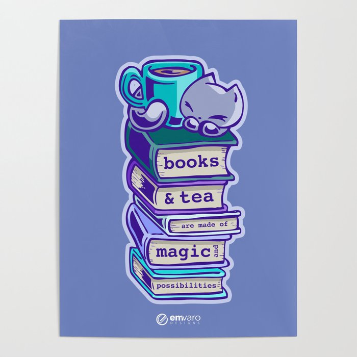 Cat Bookstack Tea Poster