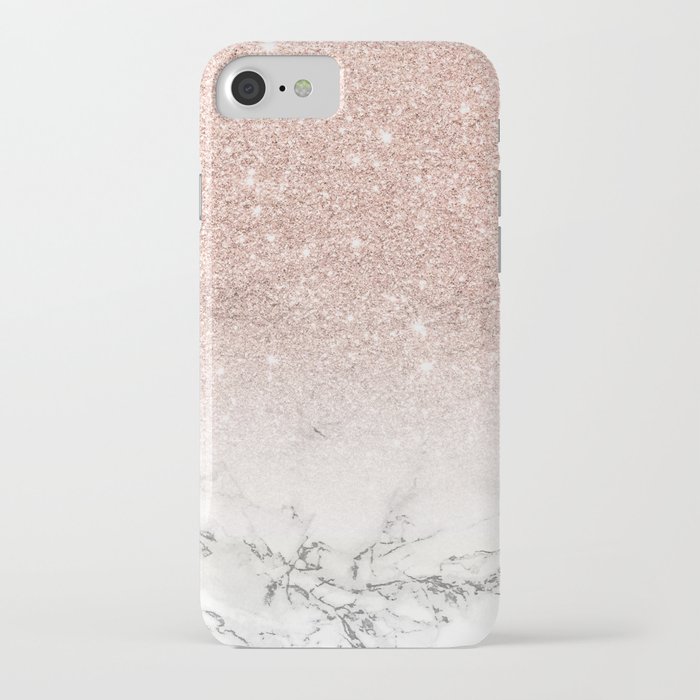 Modern faux rose gold pink glitter ombre white marble iPhone Case