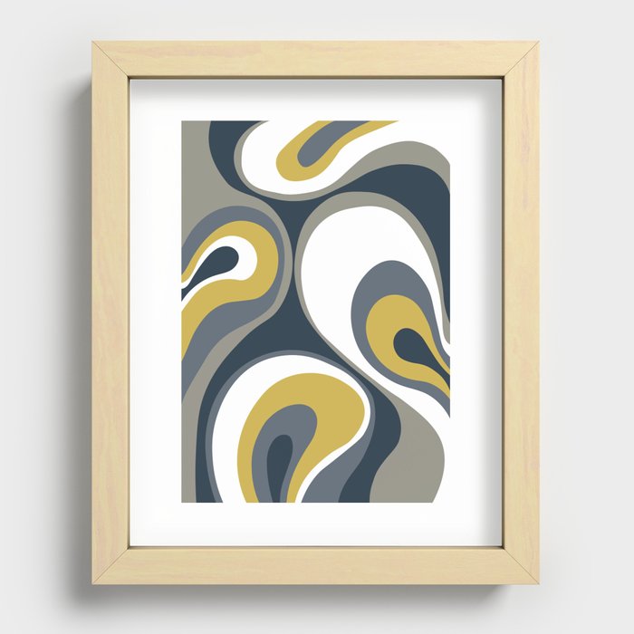 Retro Psychedelic Abstract Design in Navy Blue, Yellow, Grey and White Recessed Framed Print
