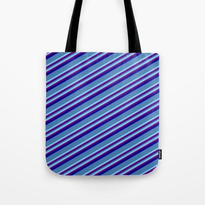 Blue, Light Sky Blue, Purple & Dark Blue Colored Striped/Lined Pattern Tote Bag