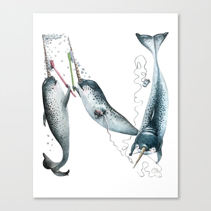 N is for Narwhals! The Laugh-A-Bit Alphabet animal letter N - ABCs by BirdsFlyOver Leinwanddruck