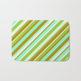 [ Thumbnail: Beige, Green, Dark Goldenrod, and Aquamarine Colored Striped/Lined Pattern Bath Mat ]