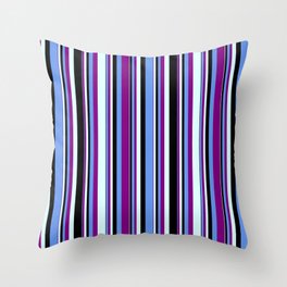 [ Thumbnail: Cornflower Blue, Purple, Light Cyan, and Black Colored Stripes Pattern Throw Pillow ]