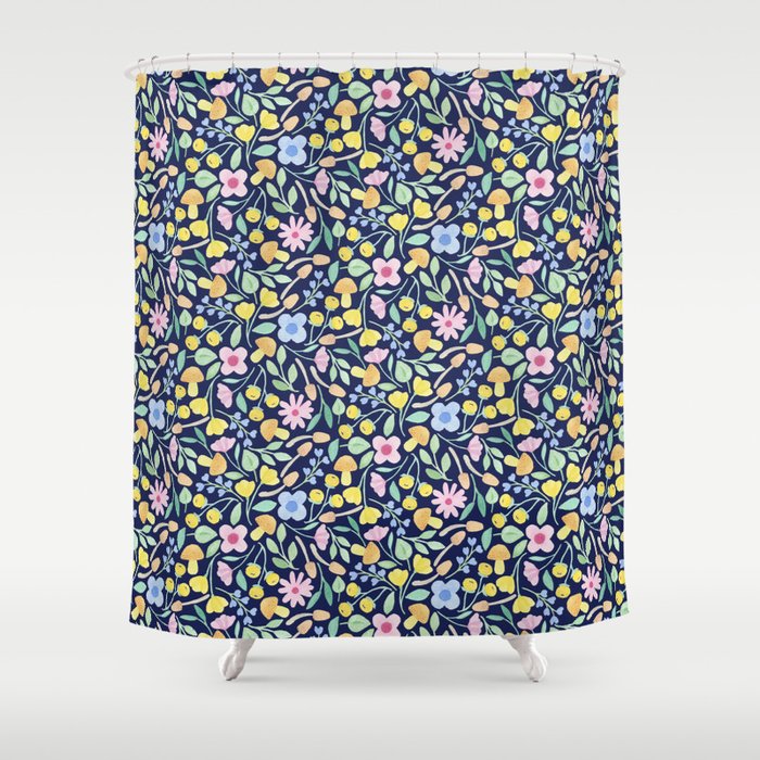 Flowers and mushrooms | navy Shower Curtain