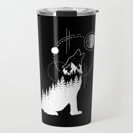 Modern Geometric Wolf Forest Double Exposure Trendy Travel Mug