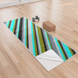 [ Thumbnail: Colorful Black, Green, Aqua, Light Gray, and Slate Gray Colored Stripes/Lines Pattern Yoga Towel ]