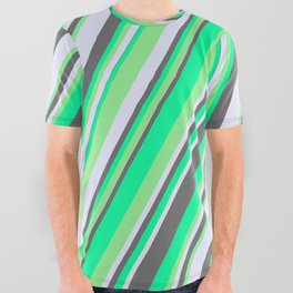 [ Thumbnail: Green, Light Green, Lavender, and Dim Gray Colored Stripes/Lines Pattern All Over Graphic Tee ]