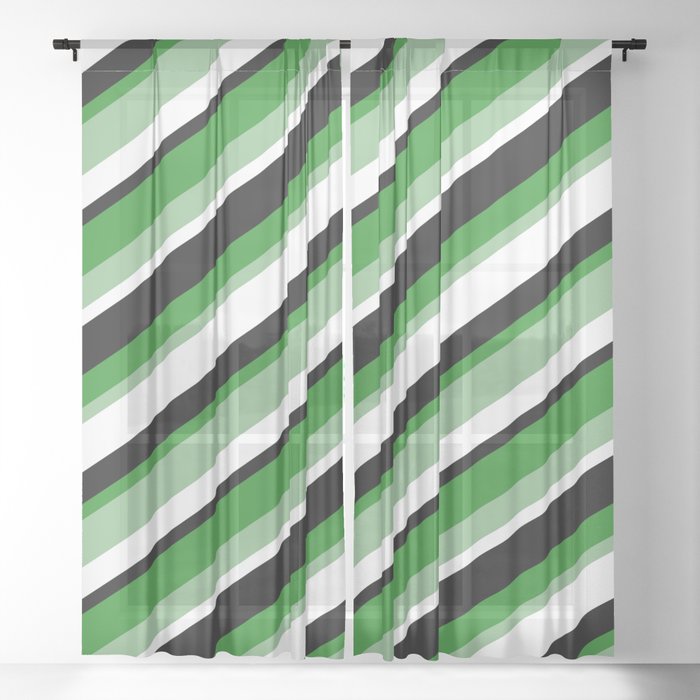 Forest Green, Dark Sea Green, White & Black Colored Striped Pattern Sheer Curtain