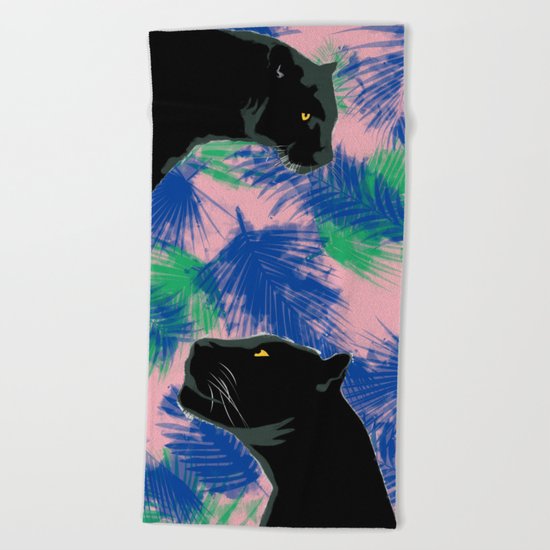 Panthers with palm leaves Beach Towel