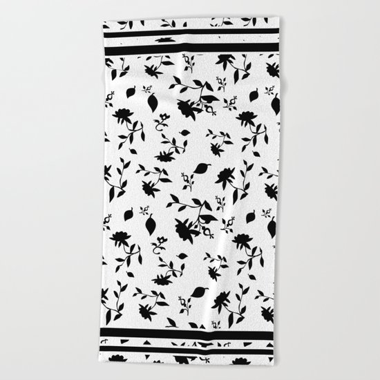 Black and white floral pattern . Beach Towel