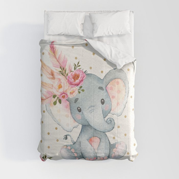 Boho Floral Elephant - Pink & Faux Gold Comforter