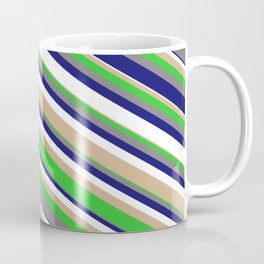 [ Thumbnail: Eyecatching Tan, Lime Green, Grey, Midnight Blue & White Colored Lines Pattern Coffee Mug ]