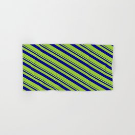 [ Thumbnail: Dark Blue & Green Colored Stripes Pattern Hand & Bath Towel ]
