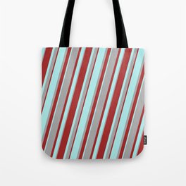 [ Thumbnail: Turquoise, Dark Gray, and Brown Colored Lined/Striped Pattern Tote Bag ]