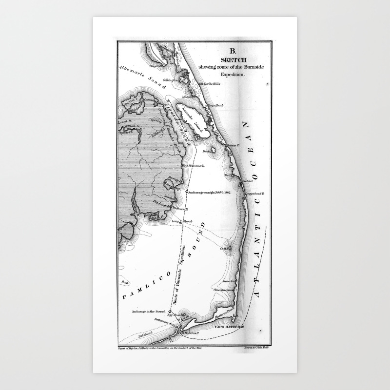 Vintage Map Of The Outer Banks 1862 Bw Art Print By Bravuramedia Society6