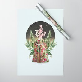 Shinny skin vintage woman with ornamental dress and a head of flowers inside a starry sky Wrapping Paper