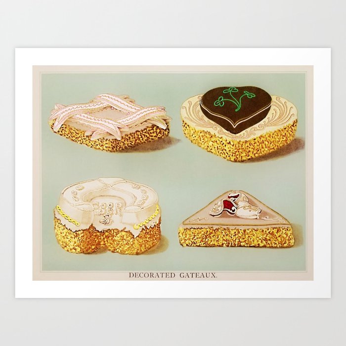 Decorated French Cakes Gateaux, Pastry, petit fours - T. Percy Lewis & A. G. Bromley Poster Art Print