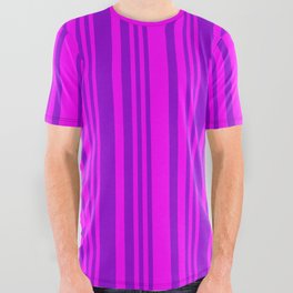 [ Thumbnail: Fuchsia & Dark Violet Colored Lined Pattern All Over Graphic Tee ]