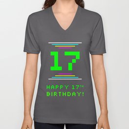 [ Thumbnail: 17th Birthday - Nerdy Geeky Pixelated 8-Bit Computing Graphics Inspired Look V Neck T Shirt V-Neck T-Shirt ]
