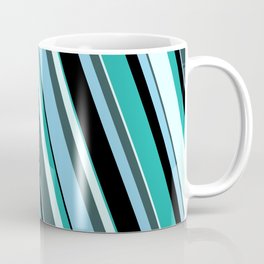 [ Thumbnail: Light Sea Green, Light Cyan, Dark Slate Gray, Sky Blue, and Black Colored Striped/Lined Pattern Coffee Mug ]