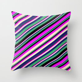 [ Thumbnail: Eyecatching Fuchsia, Bisque, Midnight Blue, Sea Green & Black Colored Lines/Stripes Pattern Throw Pillow ]