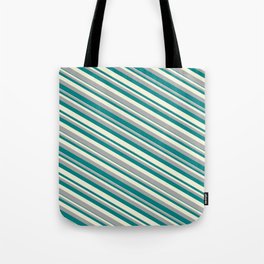 [ Thumbnail: Beige, Dark Gray, and Teal Colored Pattern of Stripes Tote Bag ]