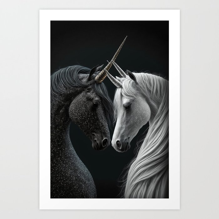 black and white unicorns Art Print