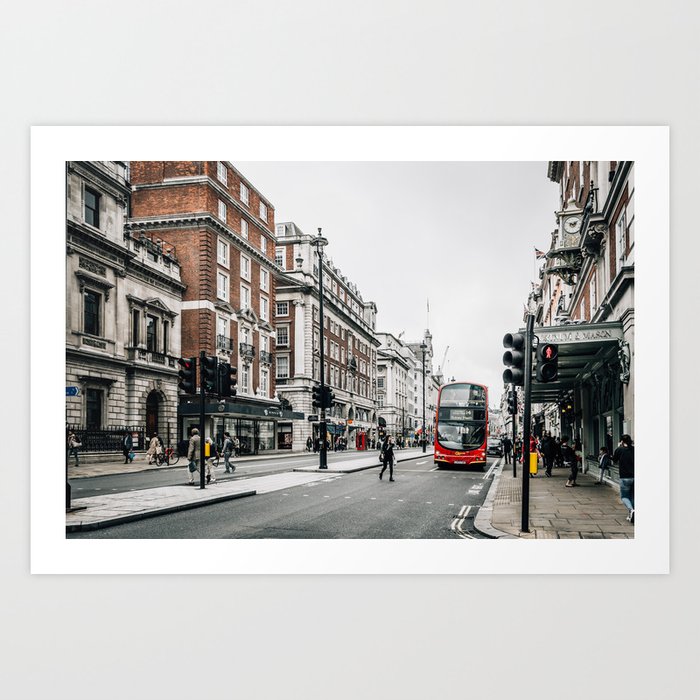 Red bus in Piccadilly street in London Art Print