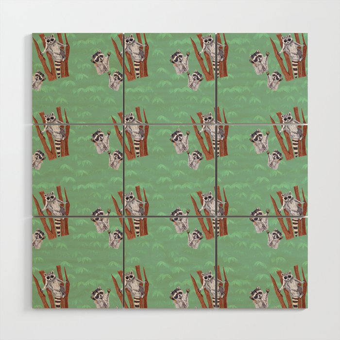 Playful Curious Raccoons Tree Pattern  Wood Wall Art