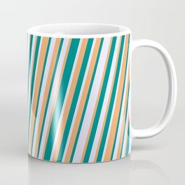 [ Thumbnail: Brown, Teal, and Lavender Colored Lined Pattern Coffee Mug ]
