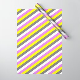 [ Thumbnail: Yellow, Gray, White, and Violet Colored Lined Pattern Wrapping Paper ]