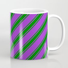 [ Thumbnail: Dark Orchid and Green Colored Striped Pattern Coffee Mug ]
