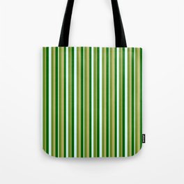 [ Thumbnail: Green, Dark Khaki, Dark Green & Light Cyan Colored Lined Pattern Tote Bag ]