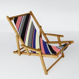 [ Thumbnail: Eye-catching Light Coral, Midnight Blue, Light Yellow, Dim Grey, and Black Colored Striped Pattern Sling Chair ]