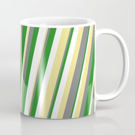 [ Thumbnail: Tan, Gray, Forest Green, and White Colored Stripes Pattern Coffee Mug ]