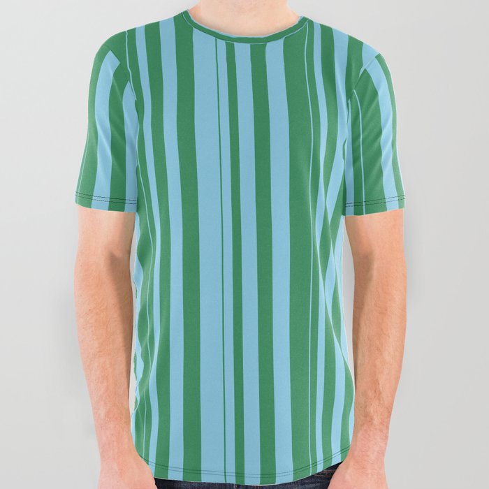Sea Green and Sky Blue Colored Stripes/Lines Pattern All Over Graphic Tee