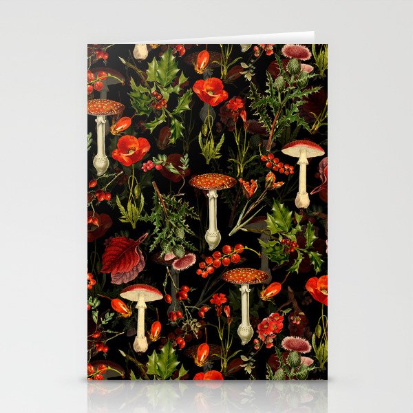 Vintage Dark Red Mushrooms And Poppies Botanical Midnight Garden Stationery Cards