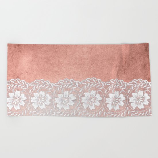White floral luxury lace on pink rosegold grunge backround Beach Towel