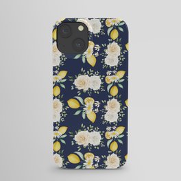 Lemons and White Flowers Pattern On Navy Blue Background iPhone Case