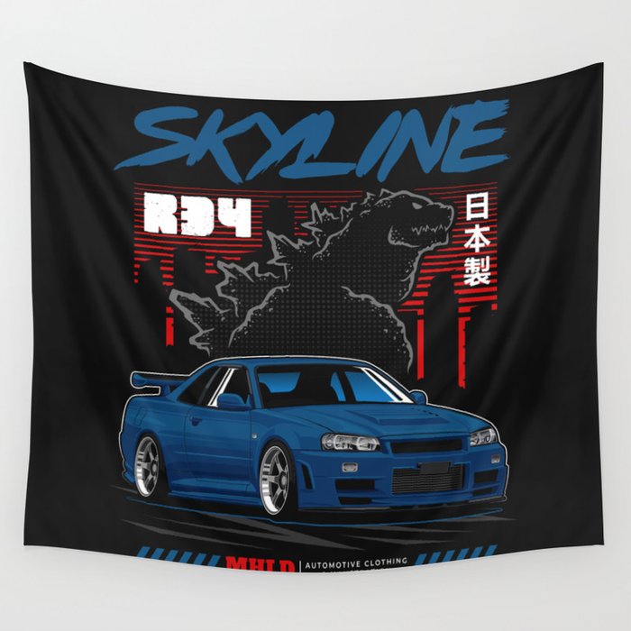  Skyline R34 Godzilla Car Illustration Wall Tapestry