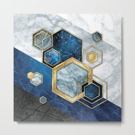 Art Deco Midnight Blue + Gold + White Marble Abstract Geometry Metal Print