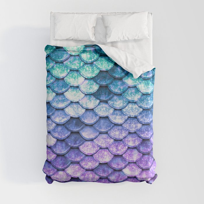 Mermaid Ombre Sparkle Teal Blue Purple, Mermaid Scales Duvet Cover Twin