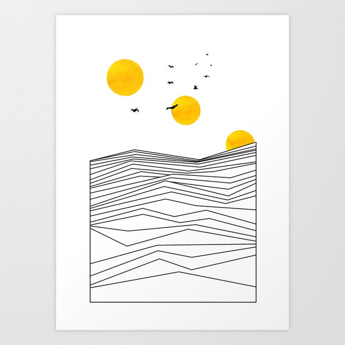 Abstract Minimal Summer Desert Landscape Sun And Birds Digital Illustration Art Print By Mayora Art