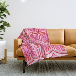 Pretty In Pink Tropical Monstera Leaf Tile Quilt Style Repeat Pastel Red Floral Line Art Pattern Throw Blanket